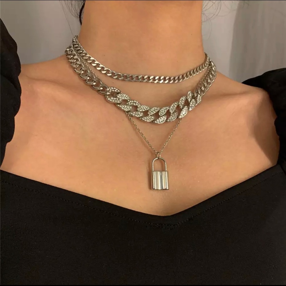 Silver Unisex Multilayer Padlock Chain Necklace - Picture 2 of 6